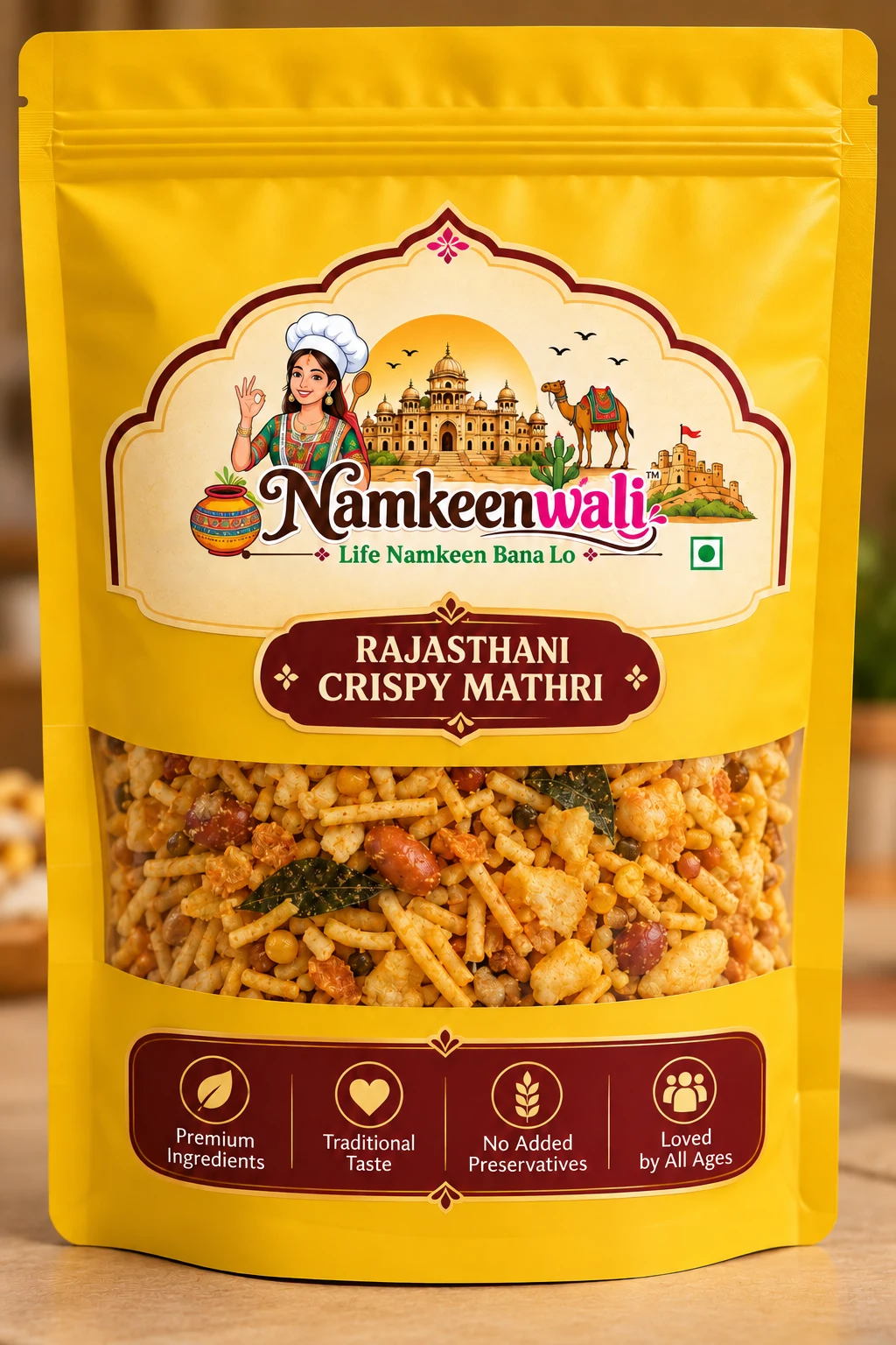 Rajasthani Crispy Mathri in a yellow Namkeenwali pouch
